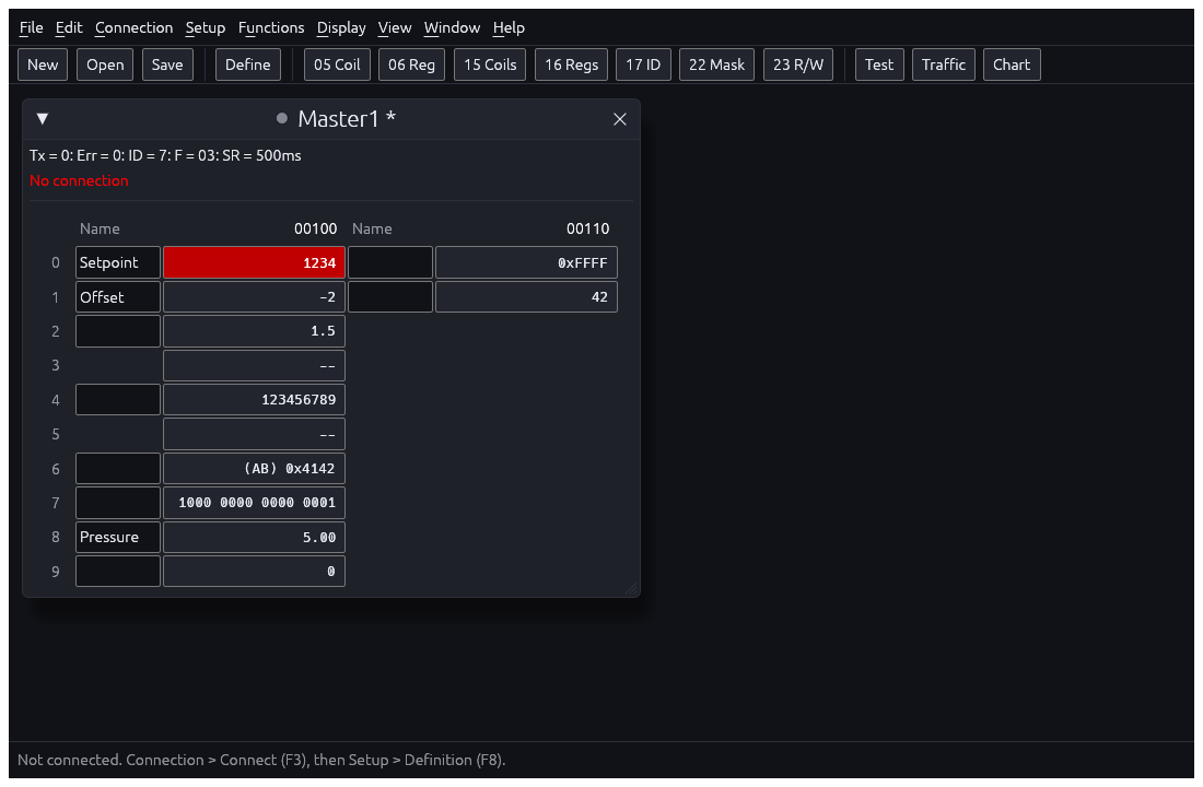 Sykel Modbus Master grid with mixed display formats.