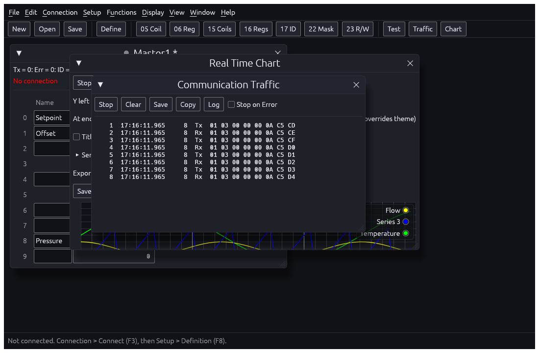Sykel Modbus Master showing a real-time chart and communication traffic.